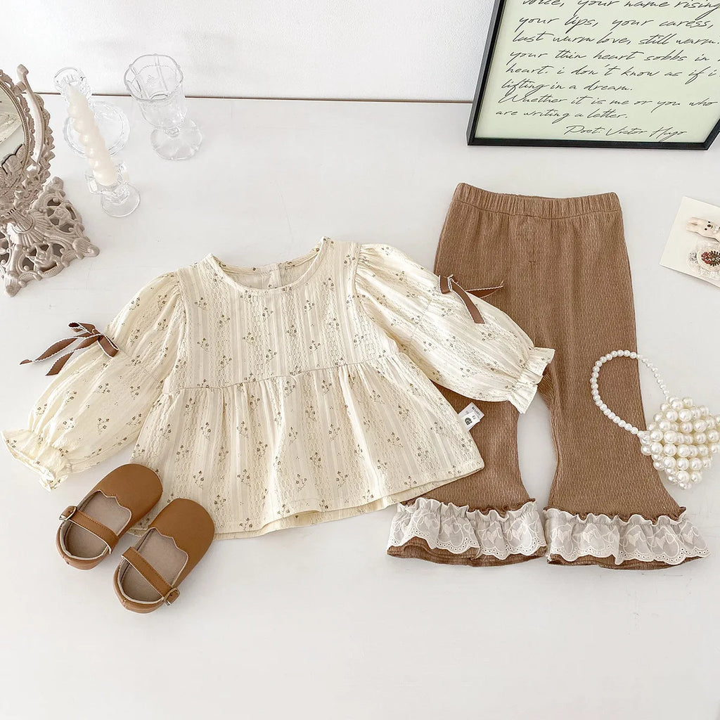 Girl Baby's Sets Spring 2025 New Floral Doll Shirt Wide Leg Pants Two Piece Set New Born Baby Girl Clothes Sets