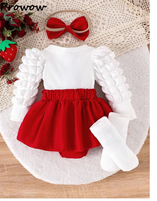 0-18M Baby Strawberry Bodysuit Dresses For Girls Long Sleeve Red Romper Newborns Onesies With Baby Socks Headband Clothing