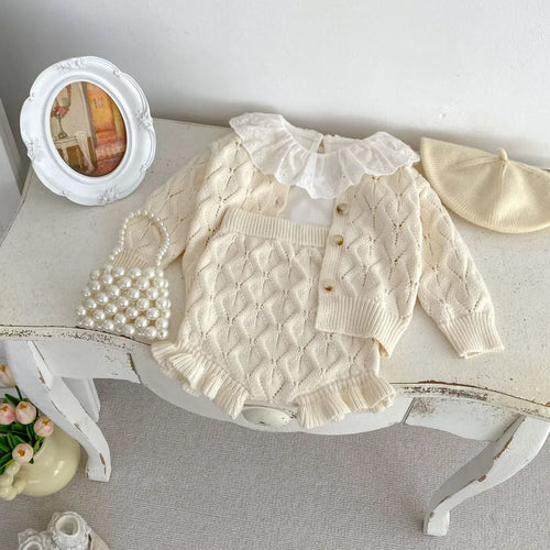22117T Baby Clothing Set Spring Autumn New Knitted Girl's Sweater Suit Thin Cardigan Coat +Short Sweet Two Piece Suit
