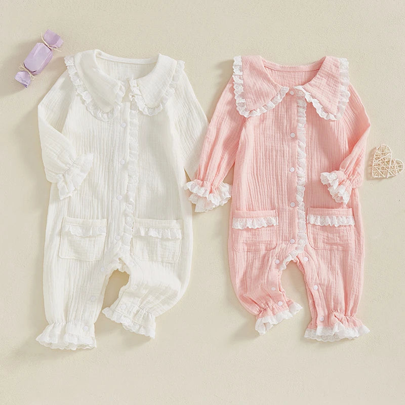 Newborn Baby Girls Pajamas Jumpsuit Spring Cute Long Sleeve Lace Trim Doll Collar Button Closure Romper with Pockets for Toddler